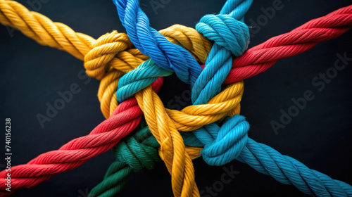 Colorful rope knot on black background. Close up. Selective focus .