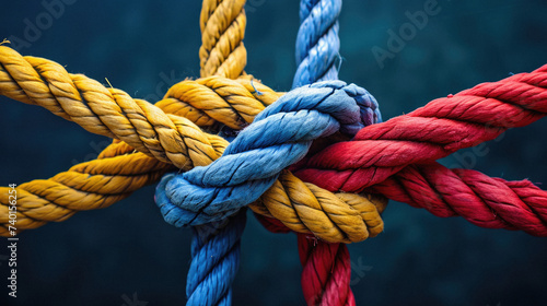 Close up of red and blue ropes on dark blue background with copy space photo