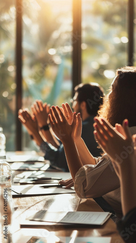 Cropped image of business people clapping hands during meeting in office