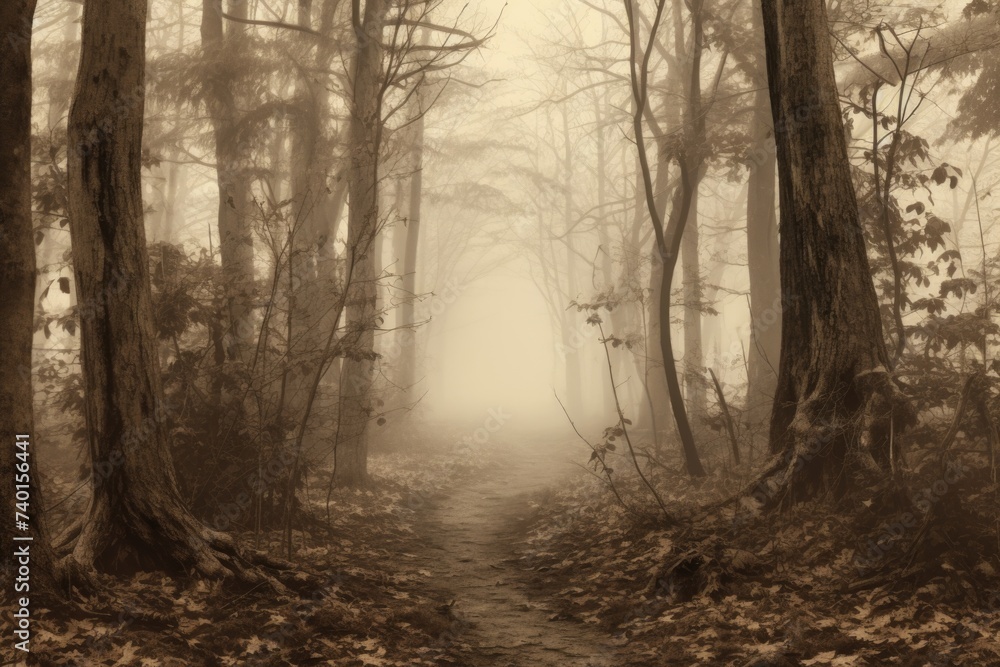 Fototapeta premium A misty forest path, suitable for nature and mystery themes