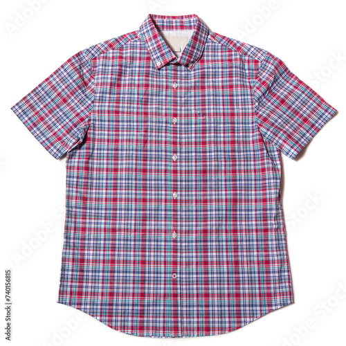 Men's casual short-sleeved red blue check shirt on white background