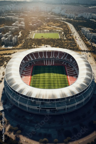Aerial view of a soccer stadium in the city. Perfect for sports events promotions