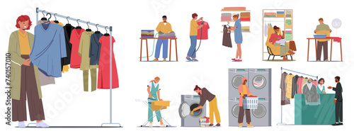Set of Characters Care of Clothes. Men and Women Washing, Ironing, Sewing, Visiting Public Laundry and Vacuuming Garment