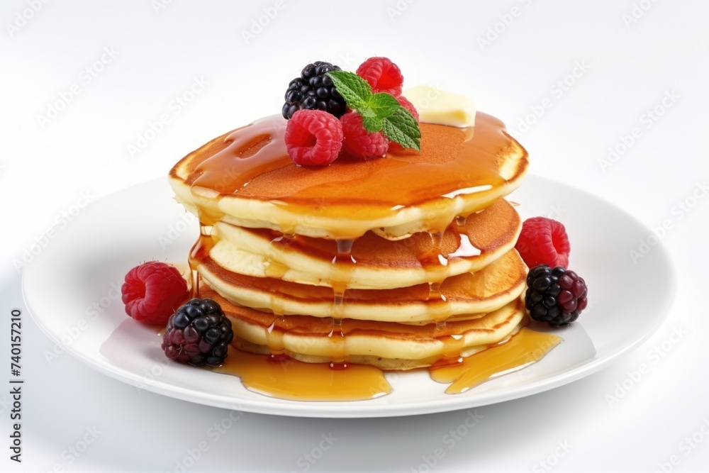 Delicious stack of pancakes with sweet syrup and fresh berries, perfect for breakfast or brunch menus Delicious stack of pancakes with sweet syrup and fresh berries, perfect for breakfast or brunch menus