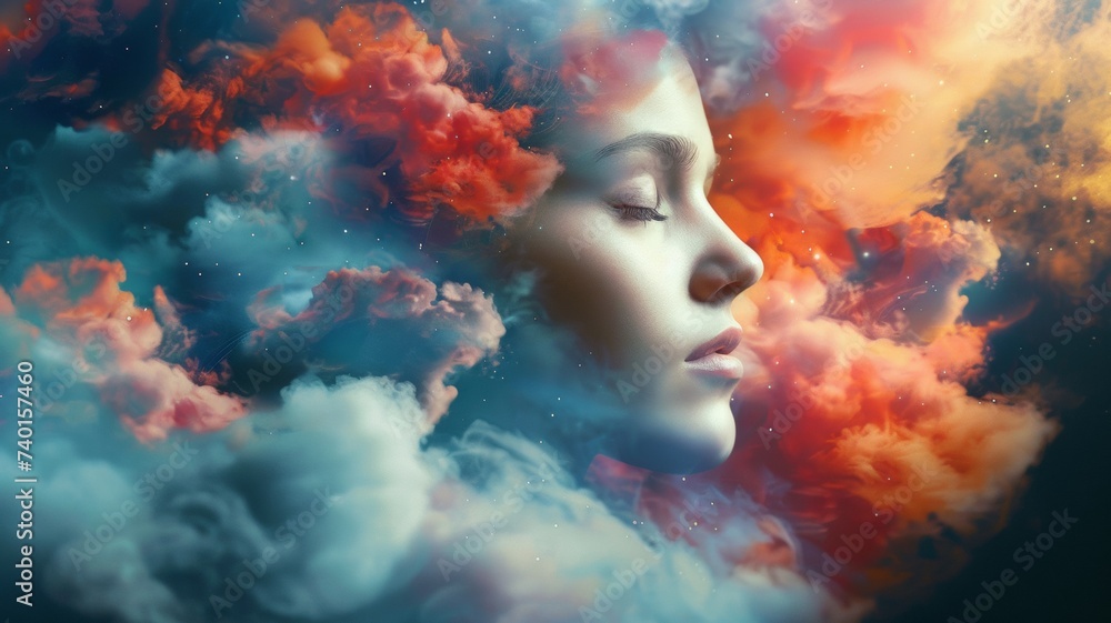 Sleeping woman face. Fairy stars, red tint and colorful cloud Sleeping woman face. Fairy stars, red tint and colorful cloud