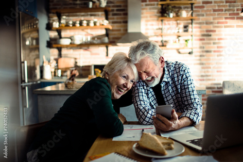 Senior partners discussing bills at home