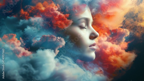 Sleeping woman face. Fairy stars, red tint and colorful cloud