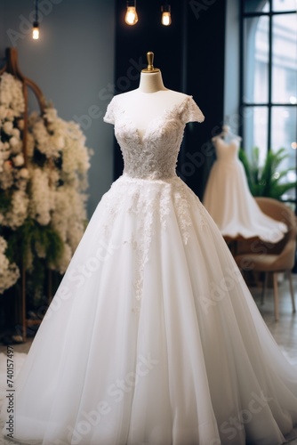 Beautiful wedding dress on mannequin in beauty salon