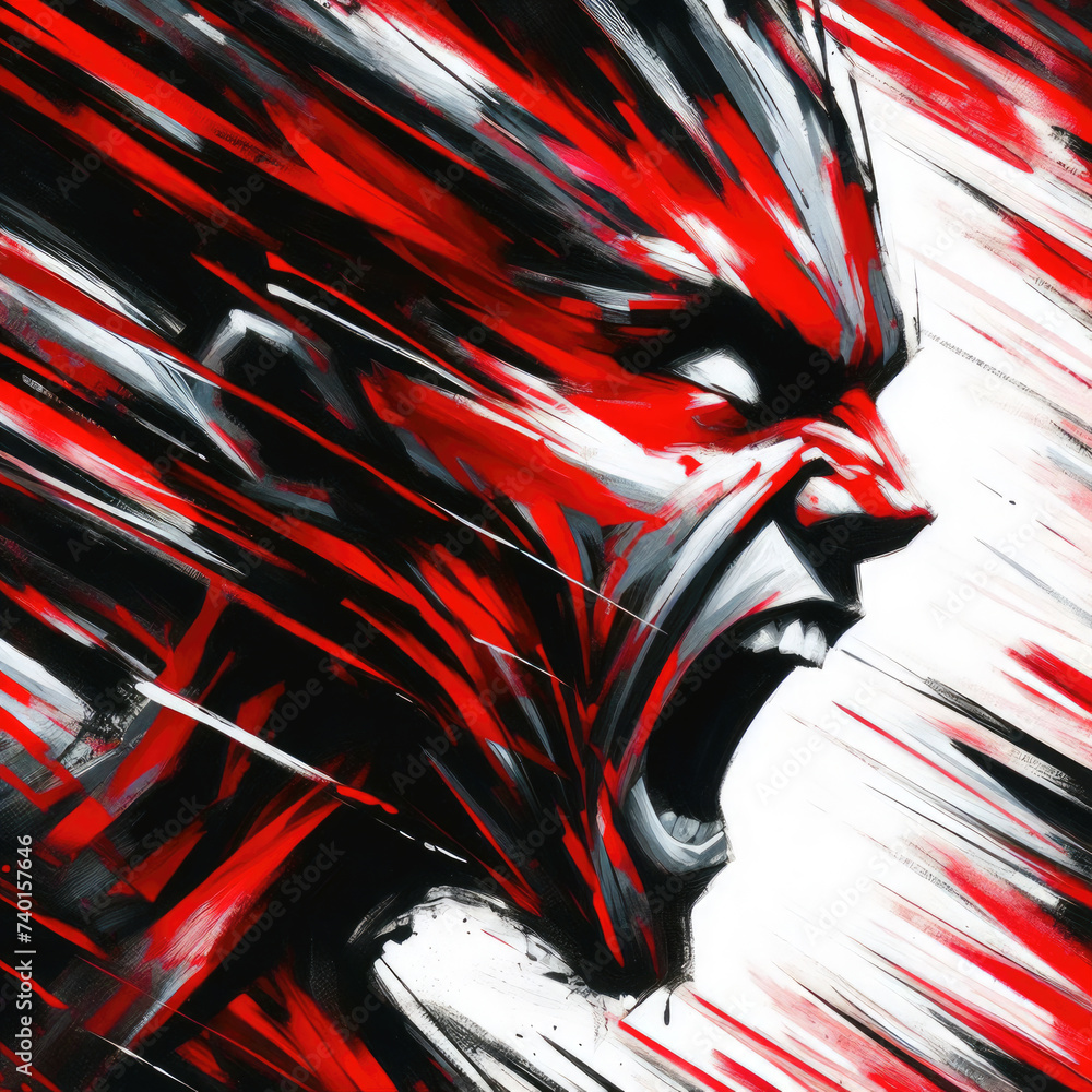 Human head vibrant colorful brush style. Rage man screaming. Red and black lines