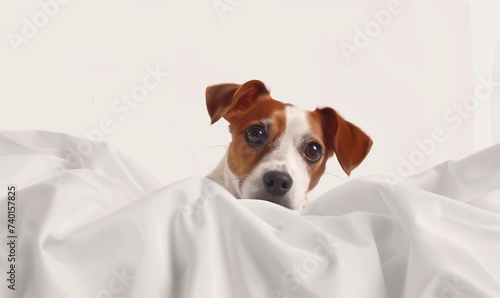 Terrier dog looking out of white bed © MuhammadAwais