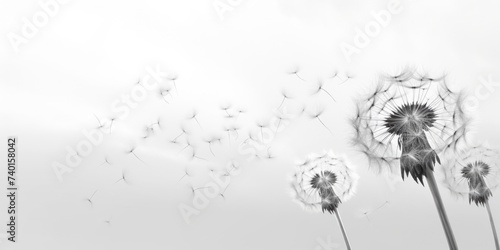 Black and white photo of dandelions blowing in the wind. Suitable for nature or relaxation concepts