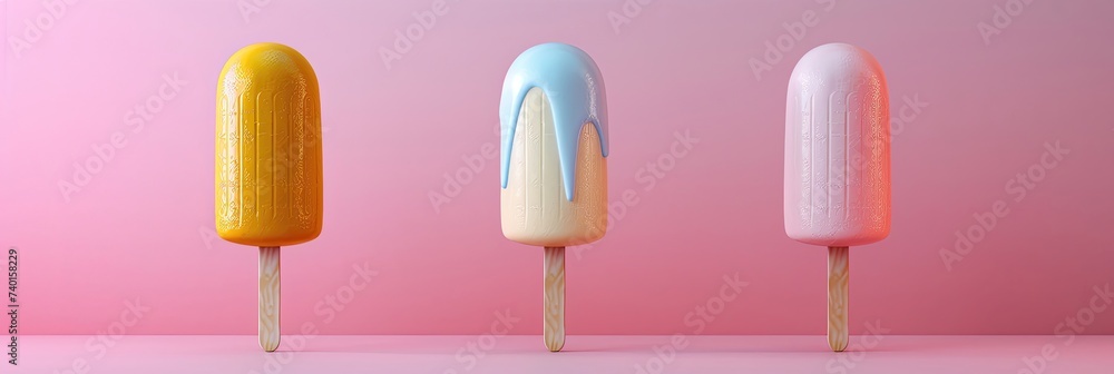 Three popsicles in yellow, blue, and pink on a pink background. Three popsicles in yellow, blue, and pink on a pink background.