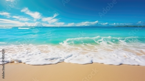 Bright sunny yellow sand beach travel background. Beautiful turquoise sea.