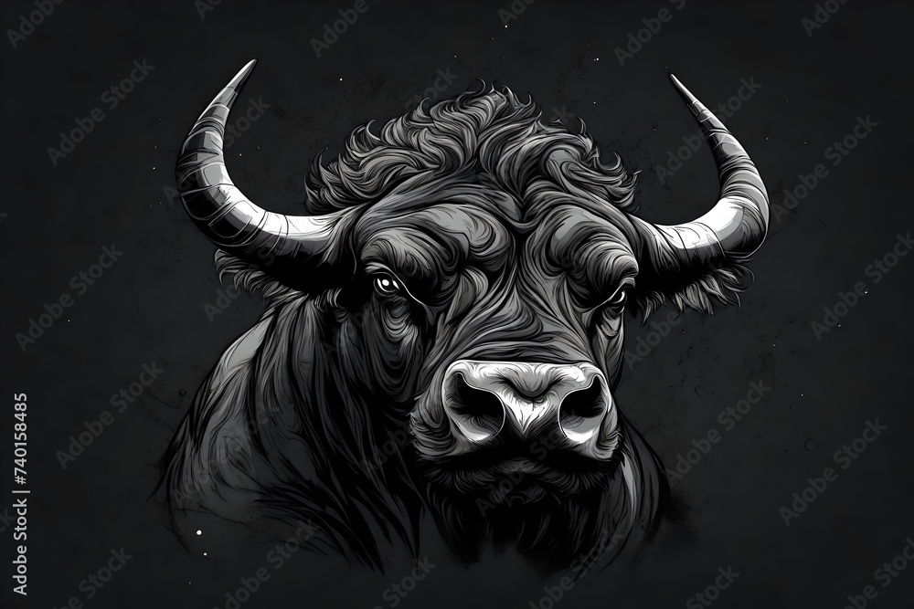 black Raging bull. Generative AI illustration on Smokey black background