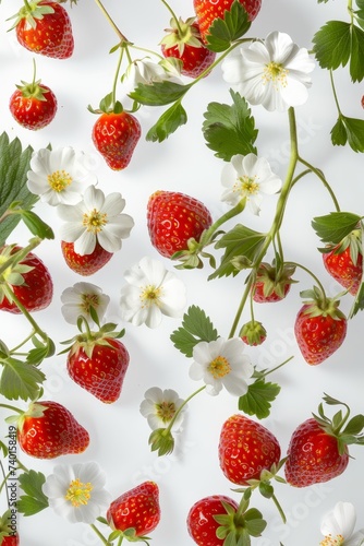 Fresh strawberries and flowers scattered on a bright surface.