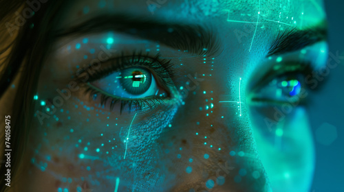 A close-up of a woman's face with an illuminated mesh of facial recognition technology overlay, symbolizing advanced identification systems.