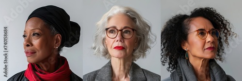 Three mature women with distinct hairstyles and glasses looking aside. photo