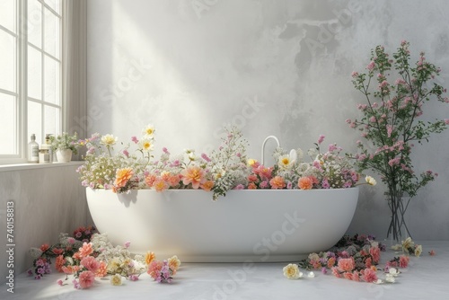 Bathroom with a bathtub filled with different flowers creating romantic relaxing atmosphere in spa salon, body care and mental health routine concept, flower show photo