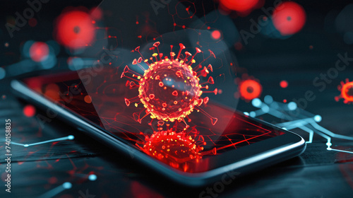 Coronavirus concept. Smartphone with a red virus on the screen .