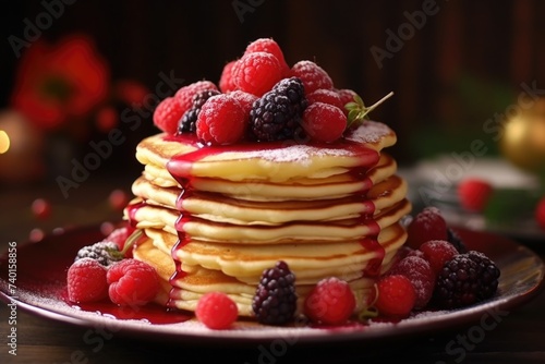 A stack of pancakes topped with fresh berries and syrup. Perfect for breakfast or brunch menus