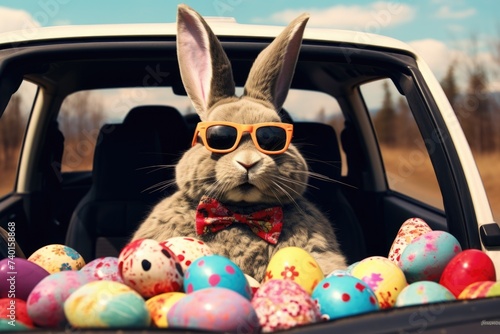 A rabbit wearing sunglasses sitting in the back of a car. Ideal for travel concept