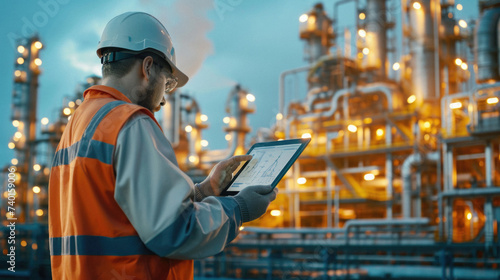 Engineer using tablet computer in petrochemical plant at night .
