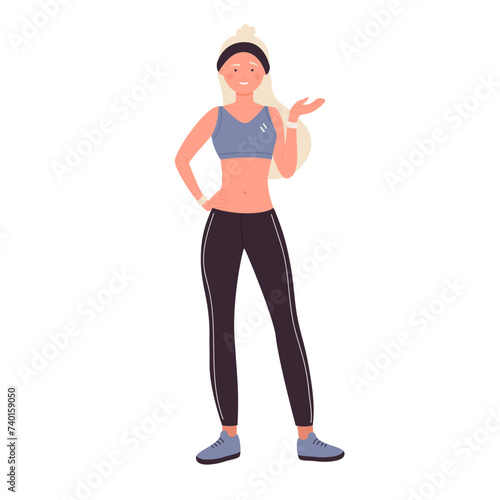 Smiling woman coach in standing pose. Welcoming female sport trainer vector illustration