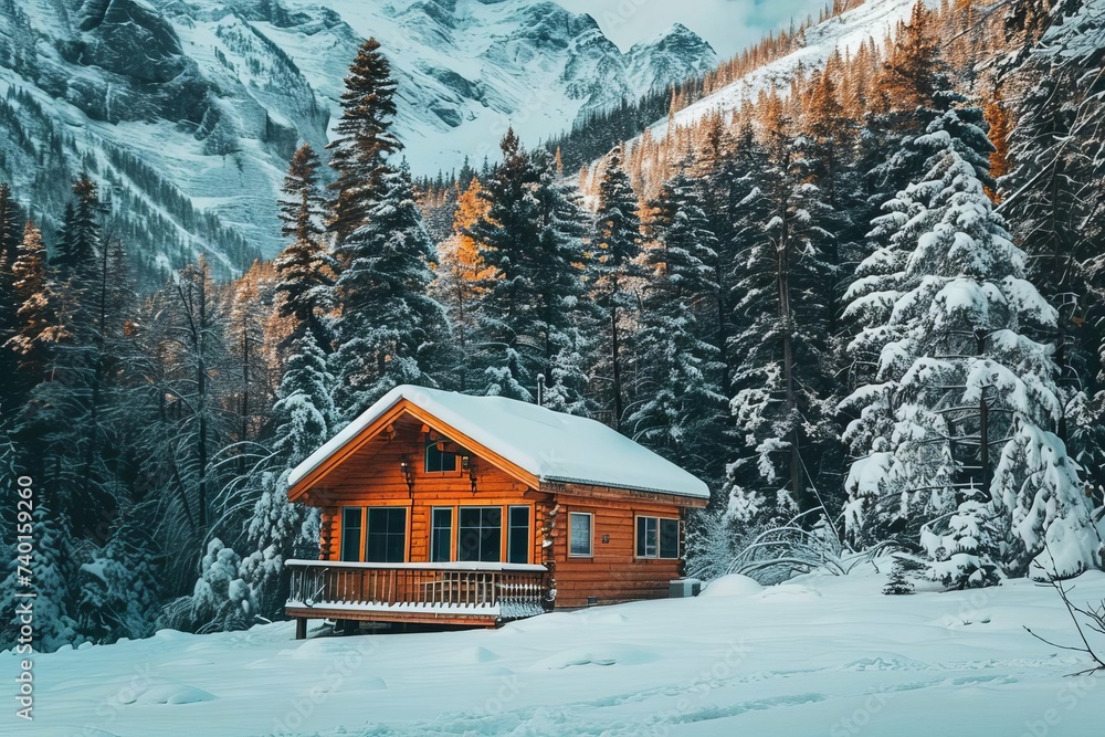 Rustic wooden cabin nestled in a snowy mountain landscape Offering a cozy retreat amidst the tranquil beauty of nature.