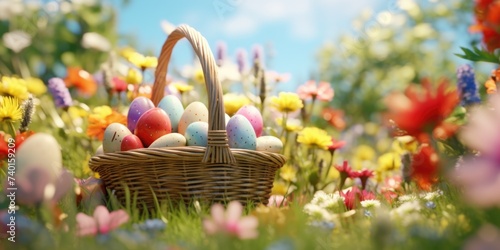 Colorful Easter eggs in a blooming field, perfect for spring celebrations