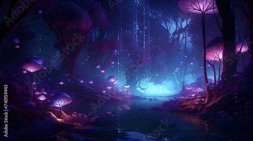 Beautiful fantasy enchanted forest with butterflies flowers,, Mystical rave forest at night highly detailed.  © Imran