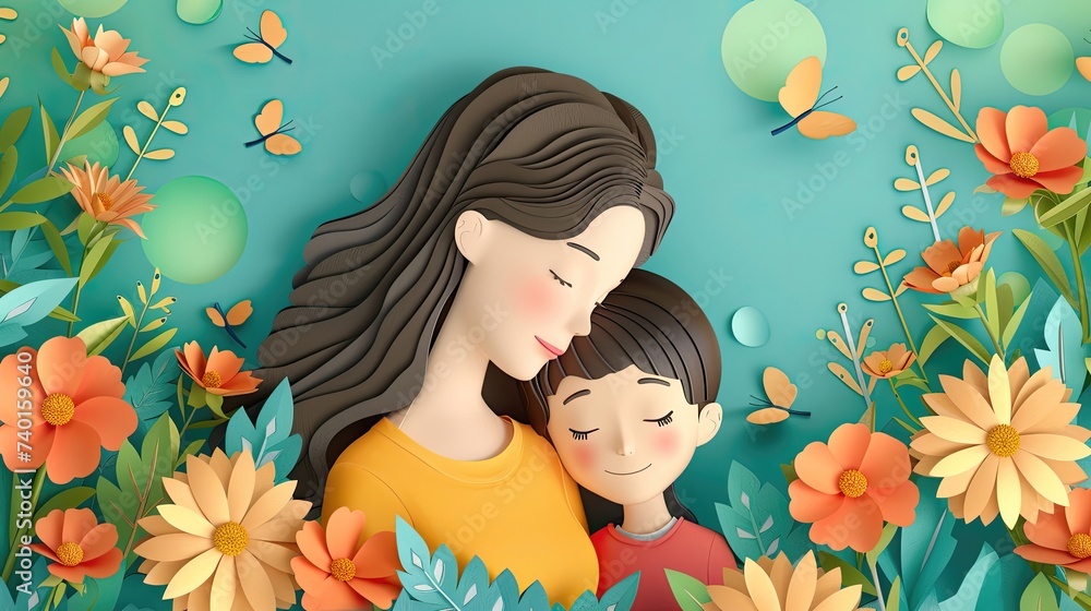 Stylized mother and child with floral and butterfly motifs. Stylized mother and child with floral and butterfly motifs.
