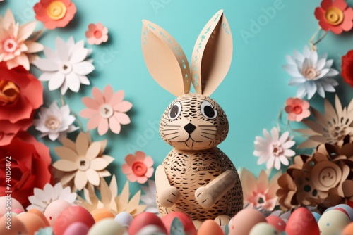 An Easter bunny and eggs cut out of colored paper with flowers. Easter celebration concept	
