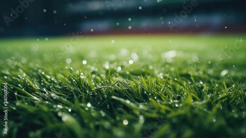 Close-up view of grass field with water droplets. Perfect for nature backgrounds