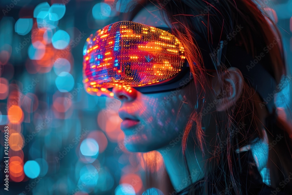 A woman's face is illuminated by the light of a virtual reality world, capturing the essence of both her humanity and the digital realm in one stunning portrait A woman's face is illuminated by the light of a virtual reality world, capturing the essence of both her humanity and the digital realm in one stunning portrait