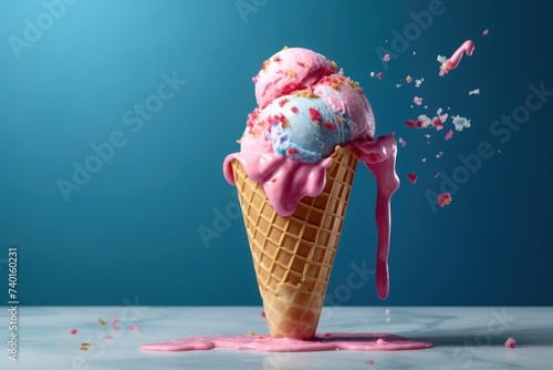 Playful and vibrant explosion of pink and blue ice cream melting over the edge of a waffle cone against a blue background