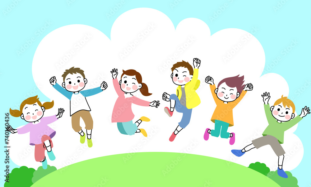 イラスト素材：外で元気いっぱいにジャンプする子供たち　6人