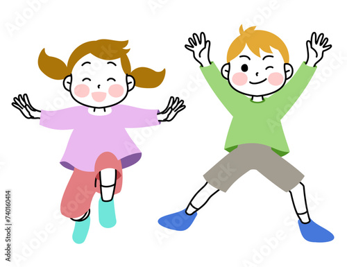 イラスト素材：元気いっぱいにジャンプする子供たち　2人