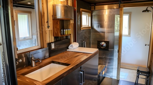 Tiny Home interior with bathroom  bedroom and kitchen. 