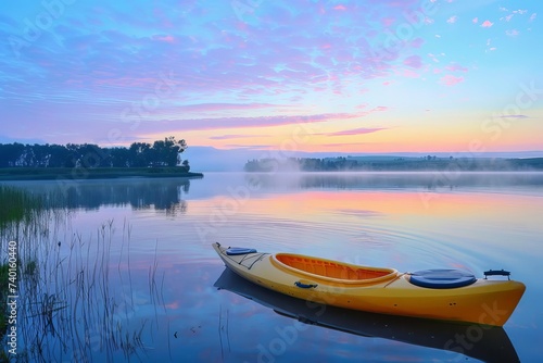 Serene lakeside at dawn With a lone kayak gently floating Reflecting the soft hues of the morning sky