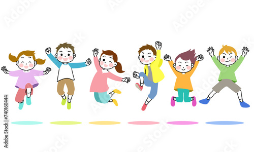 イラスト素材：元気いっぱいにジャンプする子供たち　6人　色の影あり
