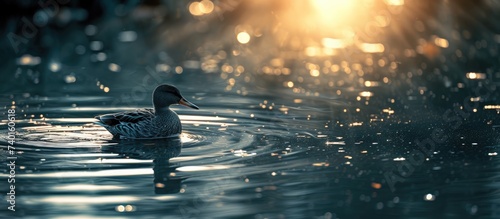 A duck peacefully floats on top of a body of water, calmly gliding across the surface.