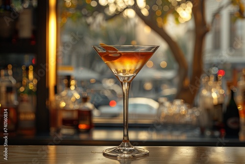 Indulge in a sophisticated evening with a refreshing drink, served in a stemmed glass adorned with a juicy slice of orange at a bustling bar in a chic restaurant