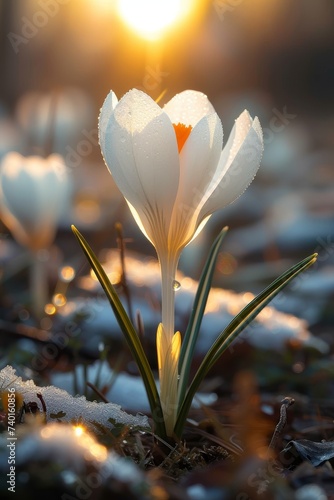 White crocuses flower in the snow