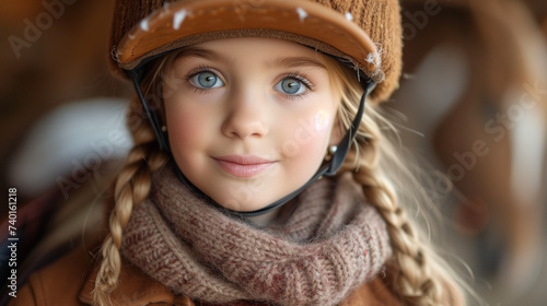Happy girl kid at equitation lesson looking at camera while riding a horse, wearing horseriding helmet, Ai generated image