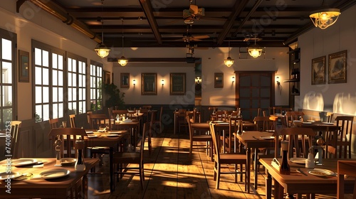 interior of an empty restaurant. wooden interior.