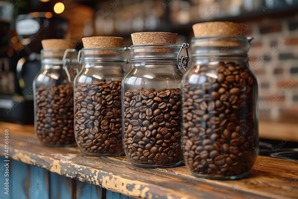 A charming display of rich, aromatic coffee beans fills a row of rustic mason jars on a wooden table, inviting us to indulge in the comfort and warmth of an indoor caffeine fix A charming display of rich, aromatic coffee beans fills a row of rustic mason jars on a wooden table, inviting us to indulge in the comfort and warmth of an indoor caffeine fix