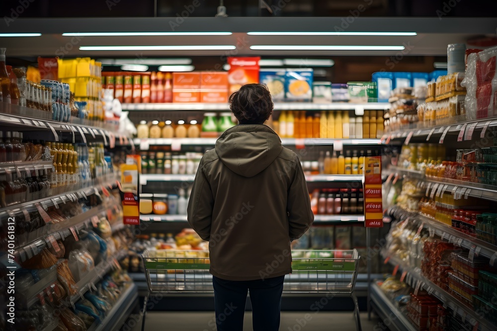 Person browsing groceries in a wellstocked supermarket with focused attention. Concept Grocery Shopping, Well-Stocked Market, Focused Attention, Consumer Behavior, Product Selection Person browsing groceries in a wellstocked supermarket with focused attention. Concept Grocery Shopping, Well-Stocked Market, Focused Attention, Consumer Behavior, Product Selection