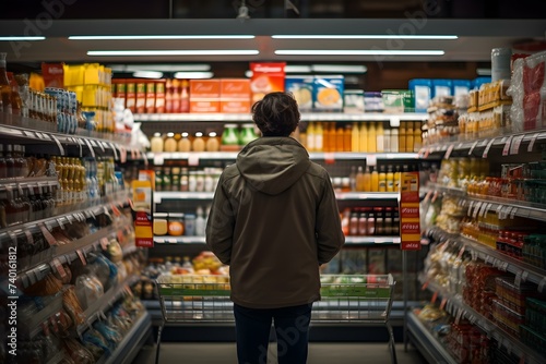 Person browsing groceries in a wellstocked supermarket with focused attention. Concept Grocery Shopping, Well-Stocked Market, Focused Attention, Consumer Behavior, Product Selection