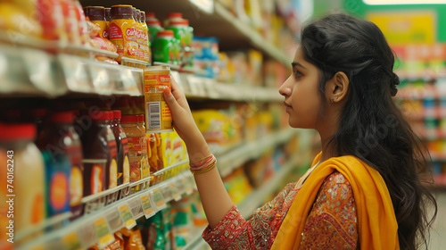 Indian woman makes purchases in a supermarket among shelves of goods. Looks at goods on supermarket shelves
