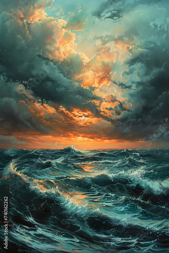 Golden Horizon: Teal and Gold Ocean Sunset Painting with a Focus on the Sky